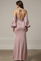 Laden Sie das Bild in den Galerie-Viewer, Hellrosa Meerjungfrau Satin Langes Ballkleid mit Ärmeln