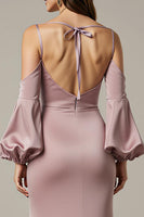 Laden Sie das Bild in den Galerie-Viewer, Hellrosa Meerjungfrau Satin Langes Ballkleid mit Ärmeln