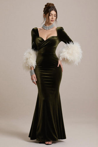 Olive Langärmeliges Meerjungfrauen Abendkleid aus Samt