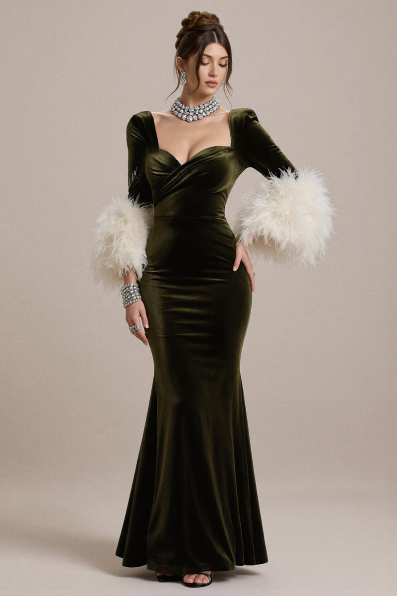 Laden Sie das Bild in den Galerie-Viewer, Olive Langärmeliges Meerjungfrauen Abendkleid aus Samt