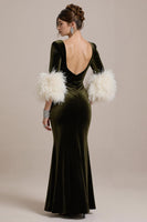 Laden Sie das Bild in den Galerie-Viewer, Olive Langärmeliges Meerjungfrauen Abendkleid aus Samt