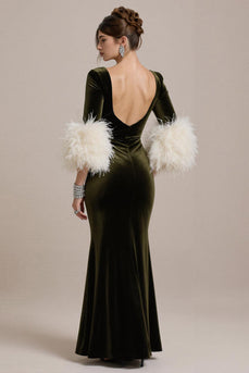 Olive Langärmeliges Meerjungfrauen Abendkleid aus Samt