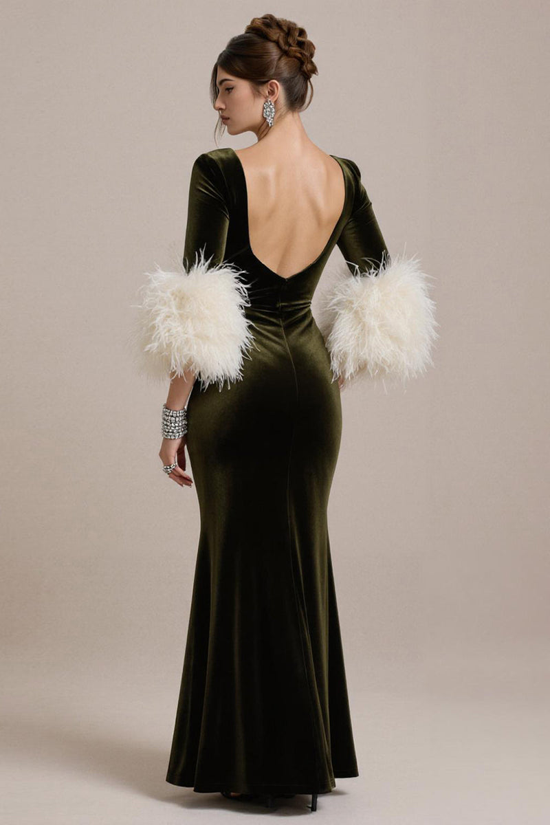 Laden Sie das Bild in den Galerie-Viewer, Olive Langärmeliges Meerjungfrauen Abendkleid aus Samt