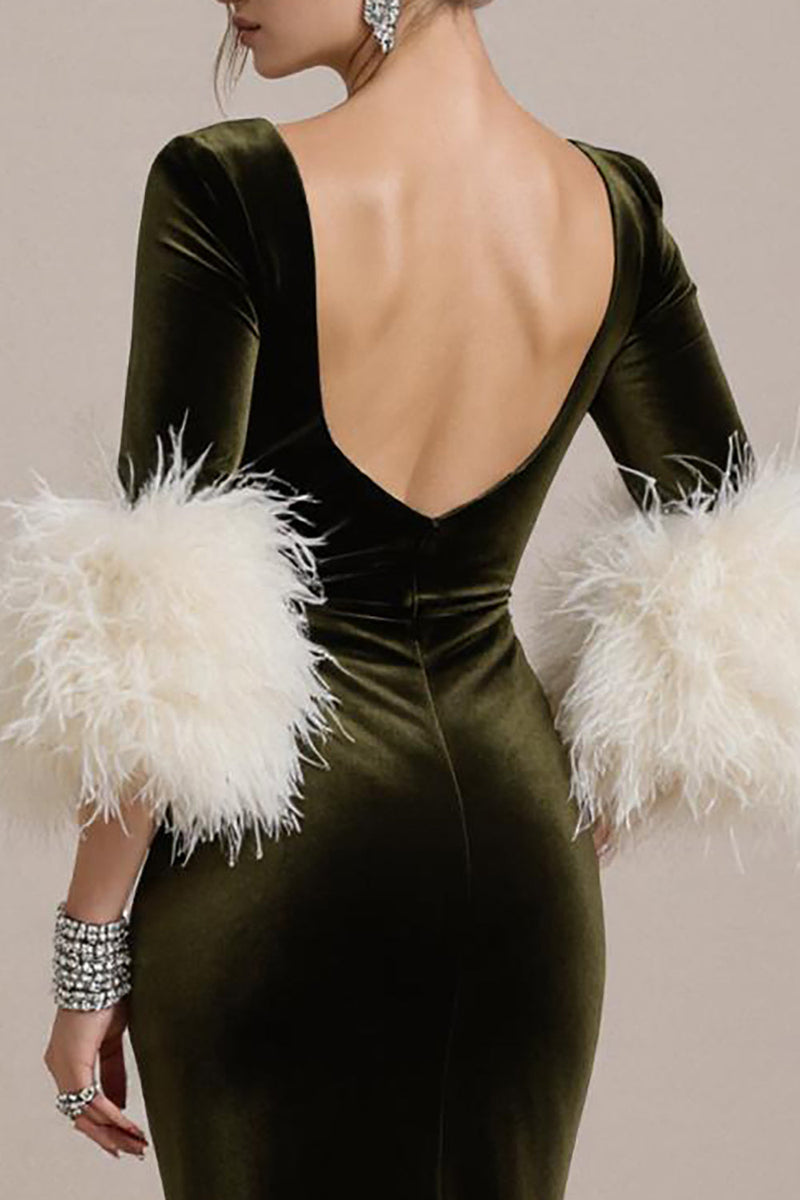 Laden Sie das Bild in den Galerie-Viewer, Olive Langärmeliges Meerjungfrauen Abendkleid aus Samt