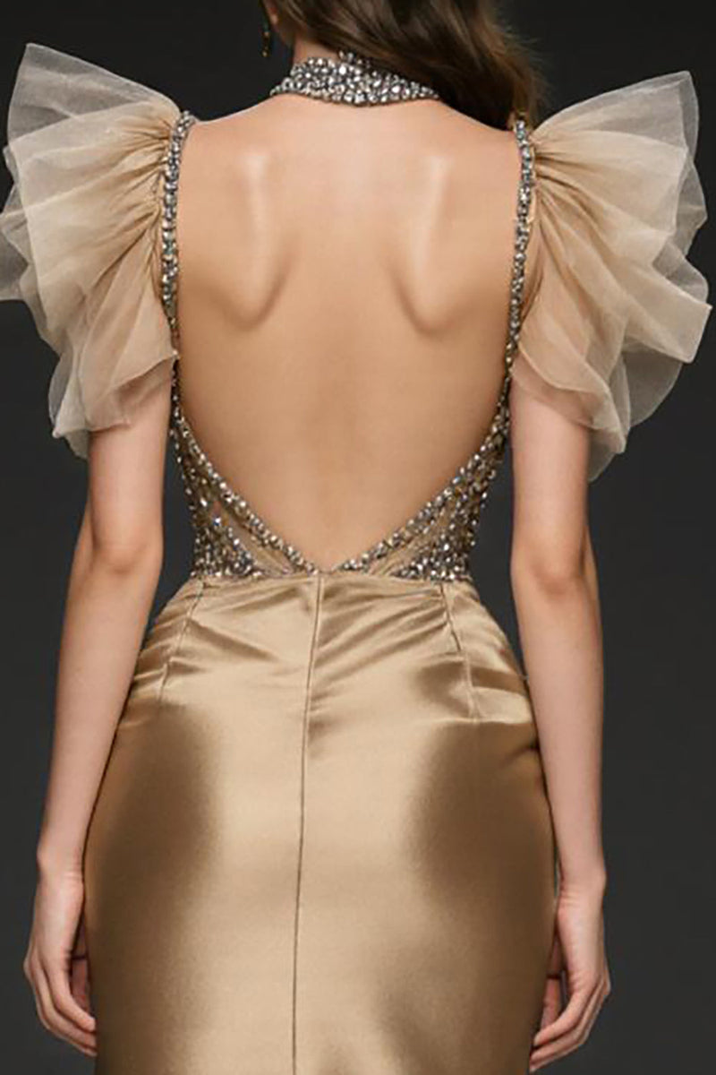 Laden Sie das Bild in den Galerie-Viewer, Champagner Meerjungfrau Pailletten Langes Abendkleid