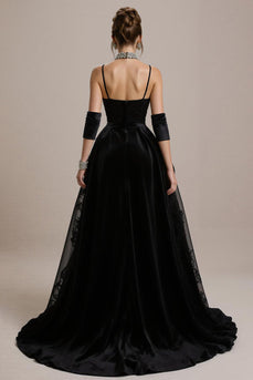 Schwarzes A-Linie Ballkleid aus Spitze mit Applikationen