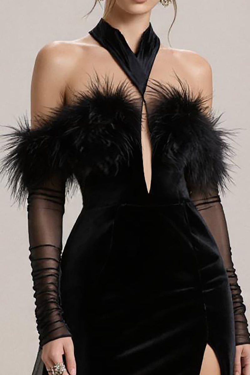 Laden Sie das Bild in den Galerie-Viewer, Schwarzes Schulterfreies Ballkleid aus Samt mit Schlitz