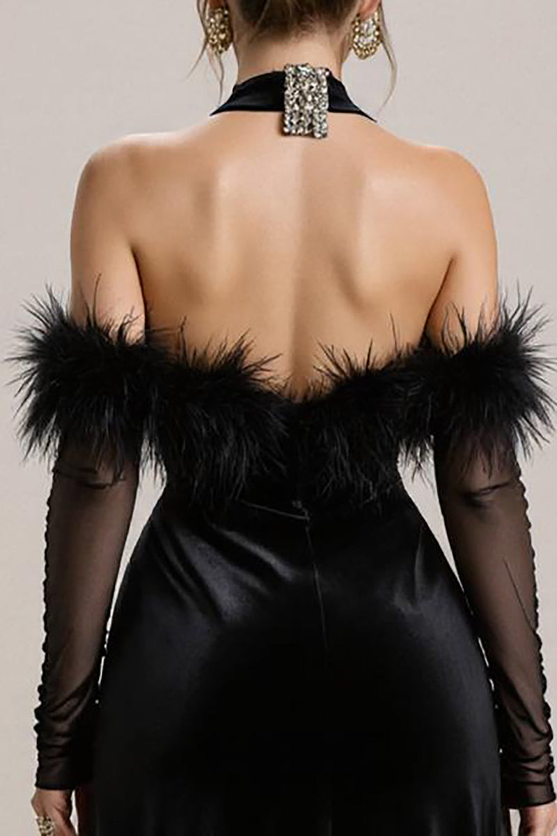 Laden Sie das Bild in den Galerie-Viewer, Schwarzes Schulterfreies Ballkleid aus Samt mit Schlitz