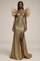 Laden Sie das Bild in den Galerie-Viewer, Glitzerndes Goldenes Meerjungfrauen Ballkleid mit Rüschen und Schlitz