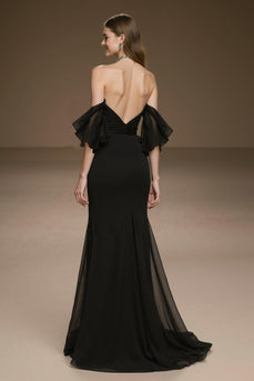 Schulterfreies Schwarzes Meerjungfrauen Ballkleid mit Rüschen