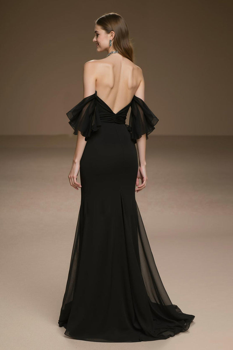 Laden Sie das Bild in den Galerie-Viewer, Schulterfreies Schwarzes Meerjungfrauen Ballkleid mit Rüschen