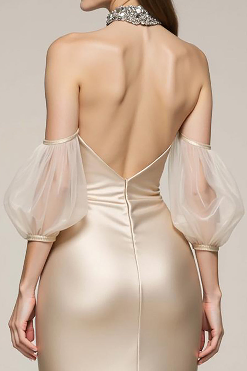 Laden Sie das Bild in den Galerie-Viewer, Champagner Meerjungfrau Kalte Schulter Ballkleid mit Schlitz