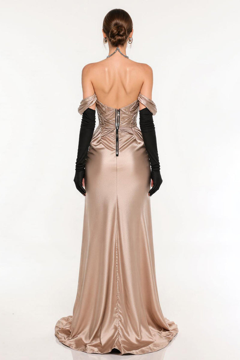 Laden Sie das Bild in den Galerie-Viewer, Champagner Etui Satin Schulterfreies Ballkleid