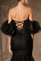 Laden Sie das Bild in den Galerie-Viewer, Funkelndes Schwarzes Schulterfreies Meerjungfrauen Ballkleid