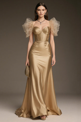 Glitzerndes Goldenes Langes A-Linie Abendkleid aus Satin mit Rüschen