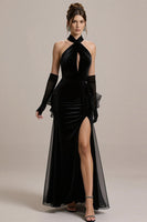 Laden Sie das Bild in den Galerie-Viewer, Schwarzes Etui Halfter Schlüsselloch Langes Ballkleid mit Schlitz