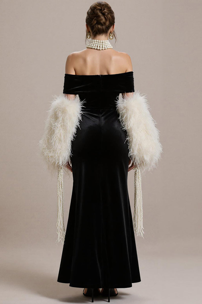 Laden Sie das Bild in den Galerie-Viewer, Schwarzes Meerjungfrau Schulterfreies Langes Abendkleid