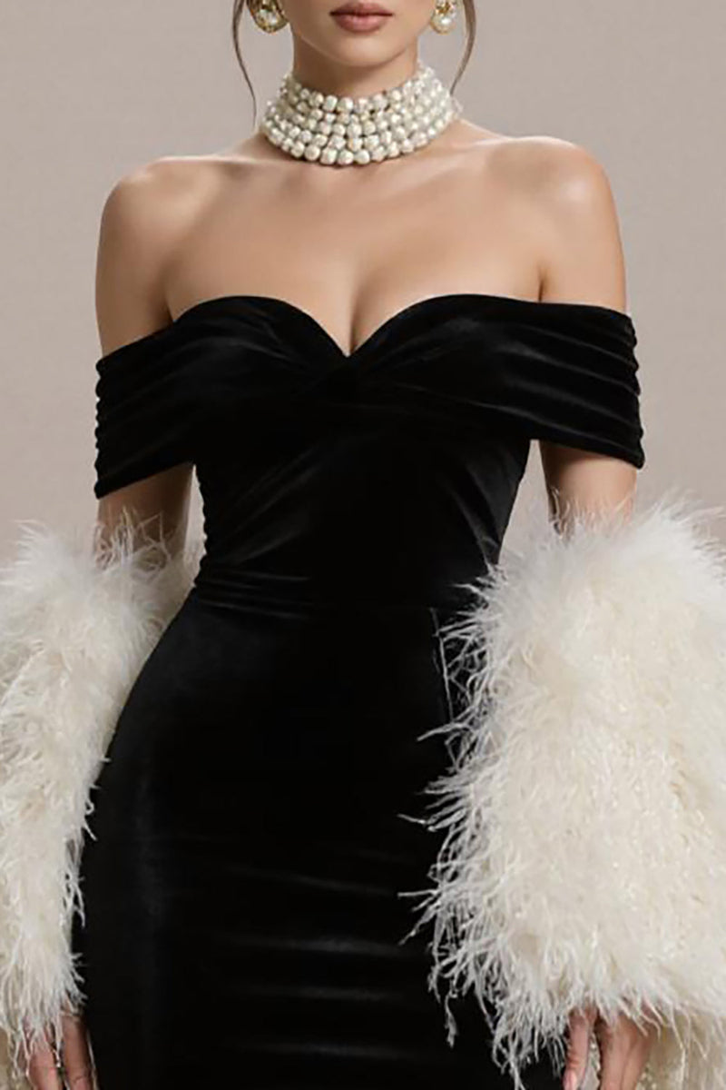 Laden Sie das Bild in den Galerie-Viewer, Schwarzes Meerjungfrau Schulterfreies Langes Abendkleid