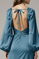 Laden Sie das Bild in den Galerie-Viewer, Grau Blau Etui Satin Langes Abendkleid mit V-Ausschnitt und Ärmeln