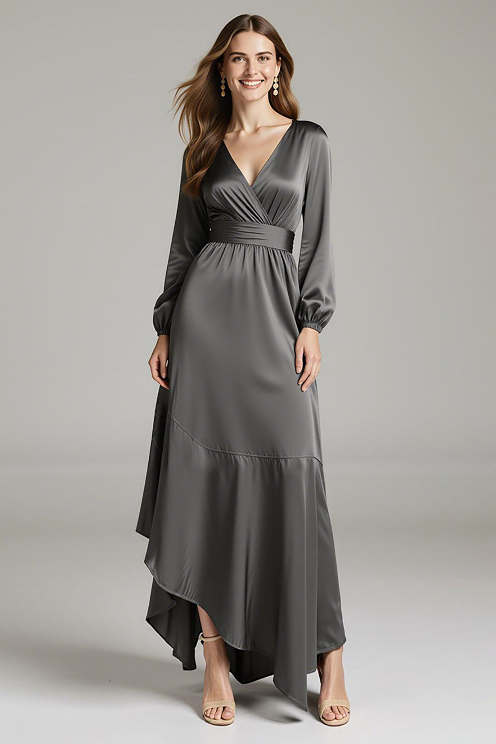 Stahlgraues Asymmetrisches Langes A-Linie Abendkleid aus Satin mit V-Ausschnitt