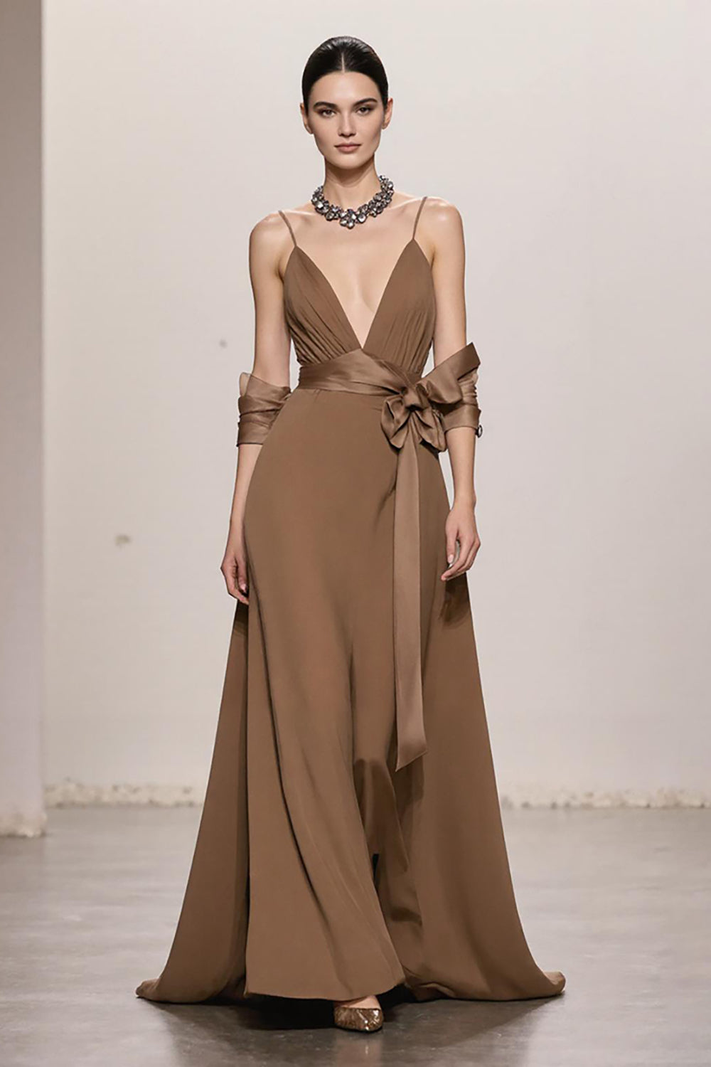 Terrakotta A-Linie Spaghettiträger Langes Ballkleid mit Schleife