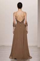 Laden Sie das Bild in den Galerie-Viewer, Terrakotta A-Linie Spaghettiträger Langes Ballkleid mit Schleife