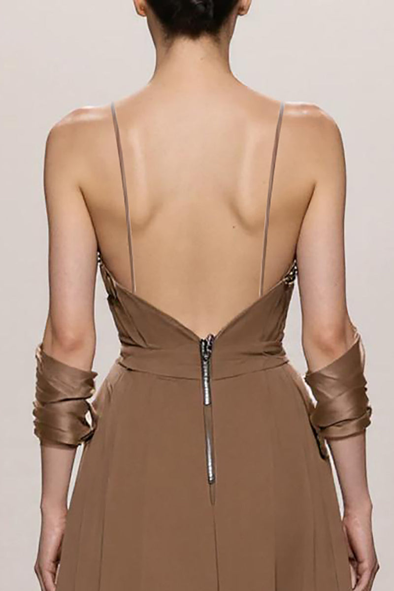 Laden Sie das Bild in den Galerie-Viewer, Terrakotta A-Linie Spaghettiträger Langes Ballkleid mit Schleife