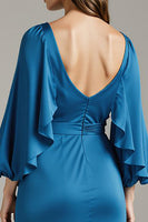 Laden Sie das Bild in den Galerie-Viewer, Königsblaues Langes Abendkleid aus Satin mit V-Ausschnitt und Ärmeln