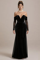 Laden Sie das Bild in den Galerie-Viewer, Schwarzes Meerjungfrau Schulterfreies Langes Abendkleid mit Ärmeln