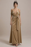 Laden Sie das Bild in den Galerie-Viewer, Terrakotta A Linie Kalte Schulter Langes Abendkleid mit Schleife