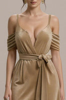 Laden Sie das Bild in den Galerie-Viewer, Terrakotta A Linie Kalte Schulter Langes Abendkleid mit Schleife