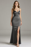 Laden Sie das Bild in den Galerie-Viewer, Stahlgraues Meerjungfrauen Satin Abendkleid mit Schlitz