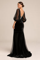 Laden Sie das Bild in den Galerie-Viewer, Schwarzes Meerjungfrauen V-Ausschnitt Abendkleid mit langen Ärmeln und Spitze