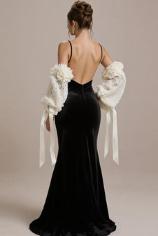 Schwarzes Spaghettiträger Meerjungfrauen Abendkleid aus Samt