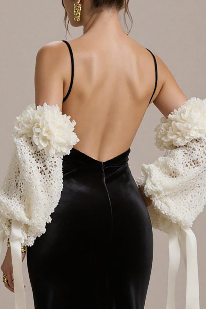 Laden Sie das Bild in den Galerie-Viewer, Schwarzes Spaghettiträger Meerjungfrauen Abendkleid aus Samt