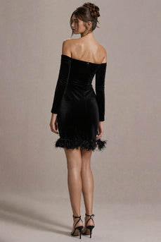 Schwarzes Schulterfreies Kurzes Cocktailkleid aus Samt mit Ärmeln