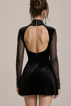 Glitzerndes Schwarzes Kurzes Cocktailkleid aus Samt mit Perlen und Ärmeln