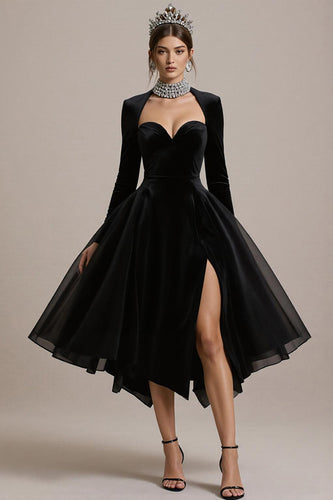 Schwarzes A-Linie Midi Cocktailkleid aus Samt mit Ärmeln