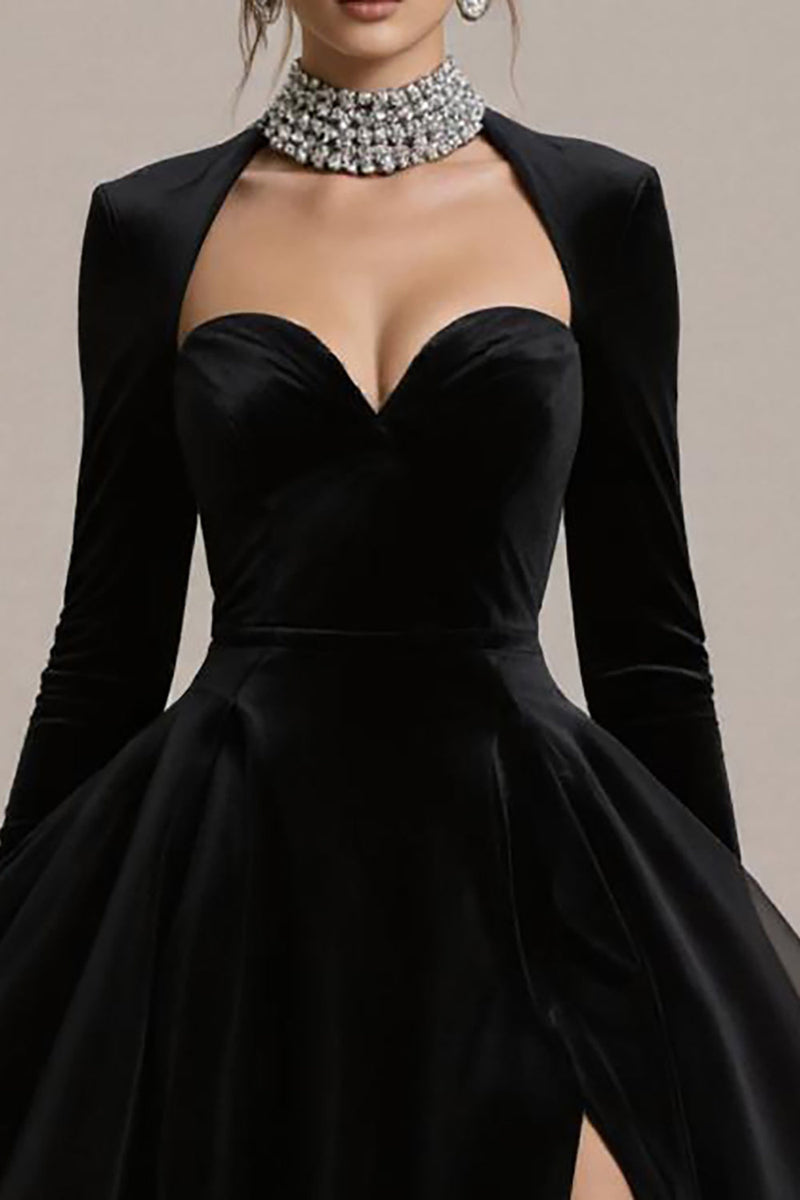 Laden Sie das Bild in den Galerie-Viewer, Schwarzes A-Linie Midi Cocktailkleid aus Samt mit Ärmeln