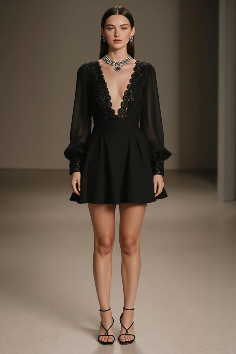 Laden Sie das Bild in den Galerie-Viewer, Schwarzes Kurzes A-Linie Cocktailkleid aus Chiffon mit tiefem V-Ausschnitt und Ärmeln