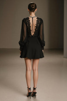 Schwarzes Kurzes A-Linie Cocktailkleid aus Chiffon mit tiefem V-Ausschnitt und Ärmeln