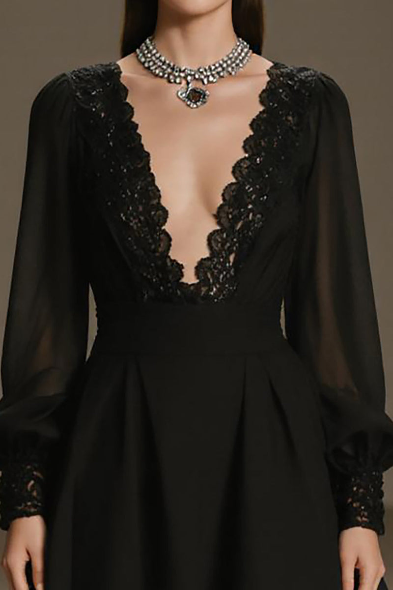 Laden Sie das Bild in den Galerie-Viewer, Schwarzes Kurzes A-Linie Cocktailkleid aus Chiffon mit tiefem V-Ausschnitt und Ärmeln