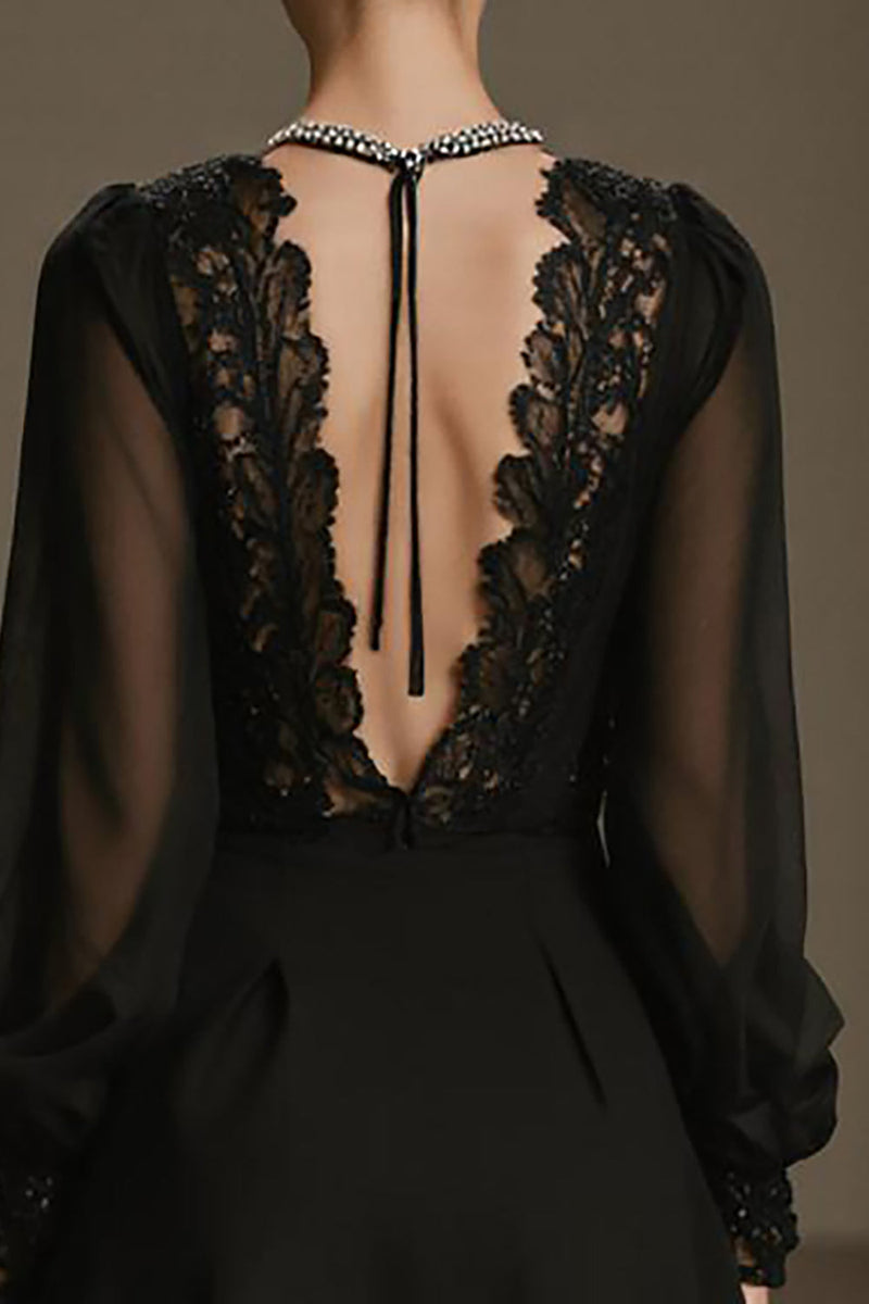 Laden Sie das Bild in den Galerie-Viewer, Schwarzes Kurzes A-Linie Cocktailkleid aus Chiffon mit tiefem V-Ausschnitt und Ärmeln