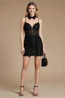 Laden Sie das Bild in den Galerie-Viewer, Schwarzes Korsett A Linie Kurzes Cocktailkleid mit Spaghettiträgern
