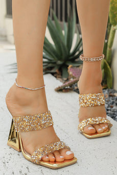 Glitzernde Goldene Pailletten Sandalen mit offener Zehenpartie und Blockabsatz