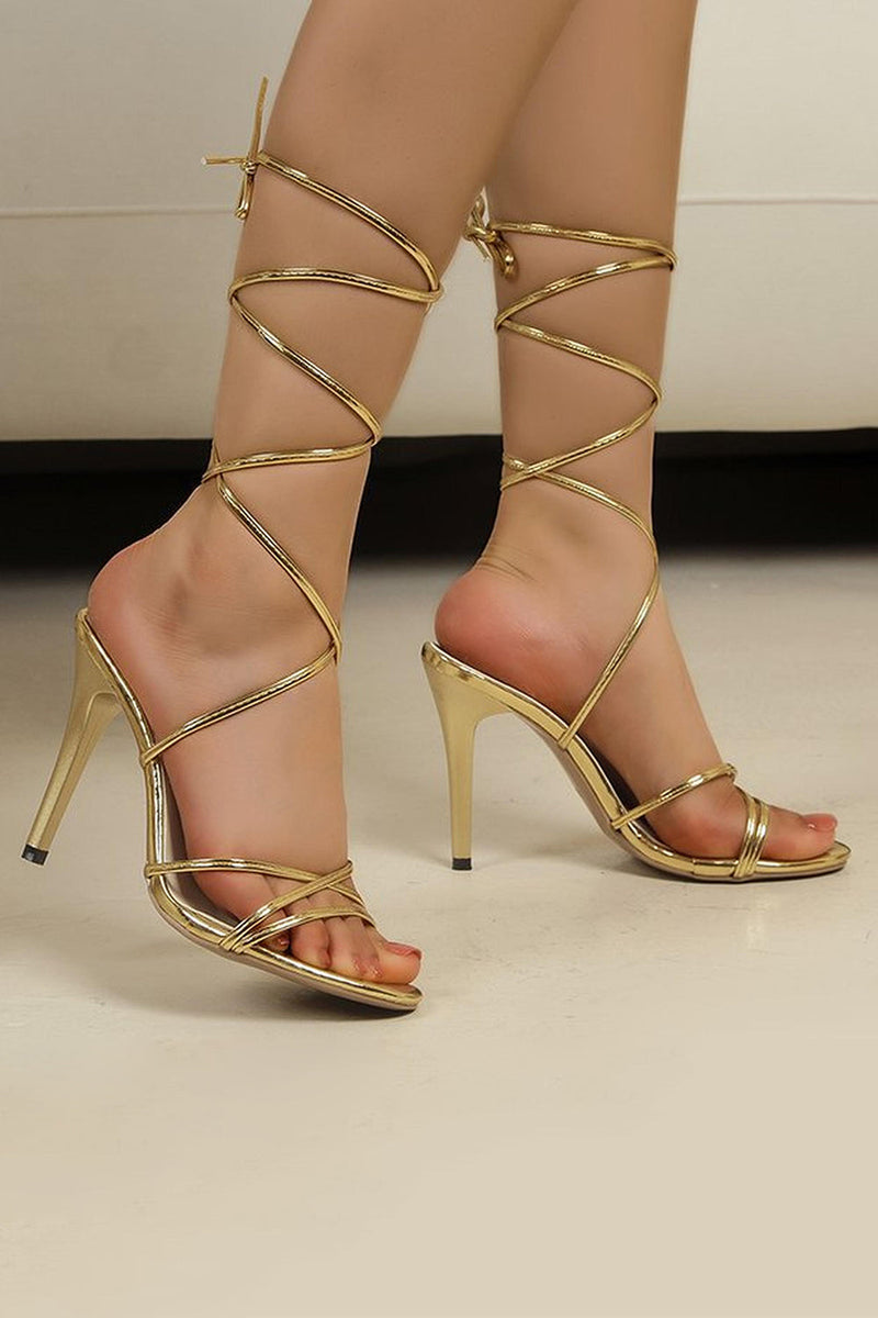 Laden Sie das Bild in den Galerie-Viewer, Golden Gladiator Riemchen Sandalen mit Stiletto-Absatz mit offener Zehenpartie