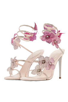 Glitzernde Rosa Perlenbesetzte Riemchensandalen mit Stiletto-Absatz und 3D-Blumen