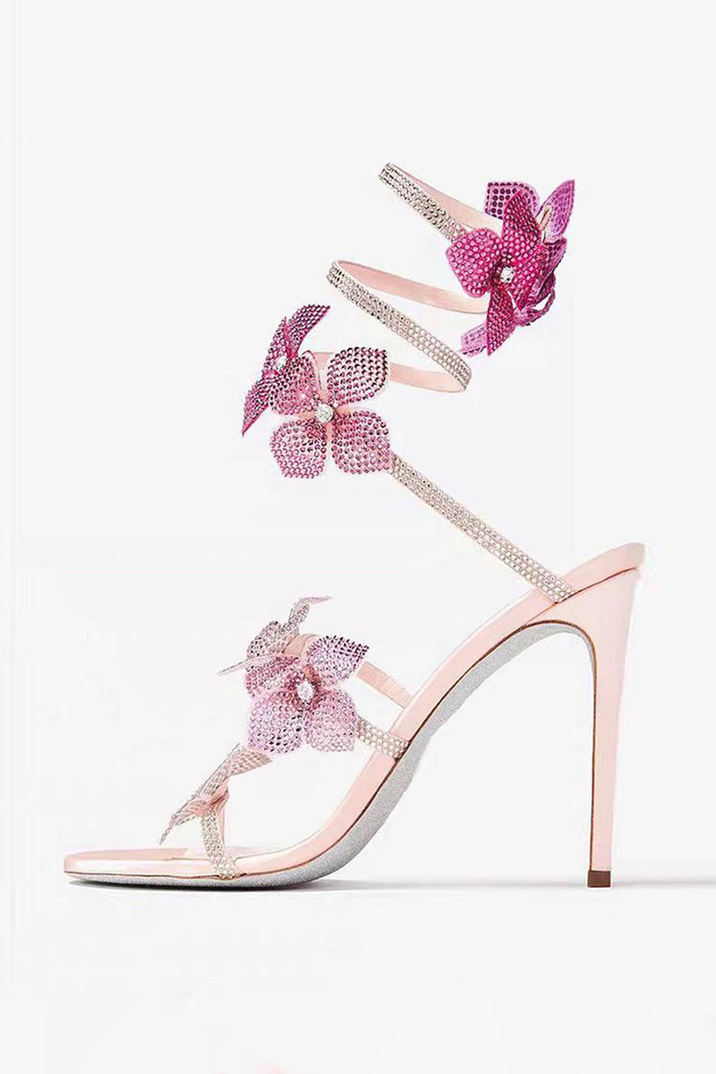 Laden Sie das Bild in den Galerie-Viewer, Glitzernde Rosa Perlenbesetzte Riemchensandalen mit Stiletto-Absatz und 3D-Blumen