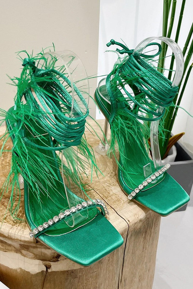 Laden Sie das Bild in den Galerie-Viewer, Glitzernde Fuchsia Riemchensandalen mit Stiletto Absatz und Feder