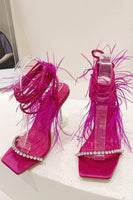 Laden Sie das Bild in den Galerie-Viewer, Glitzernde Fuchsia Riemchensandalen mit Stiletto Absatz und Feder
